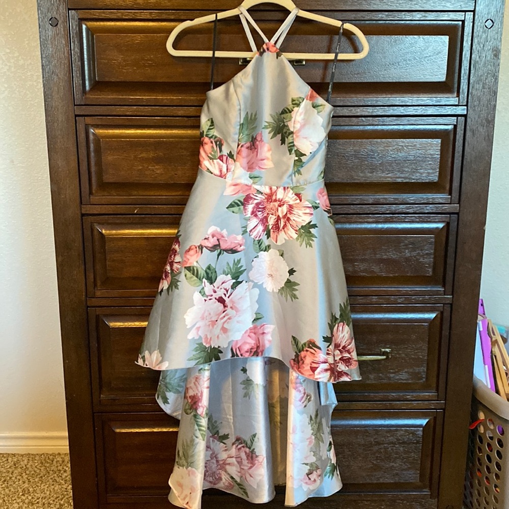 Jr girl dress, floral gray and pinks